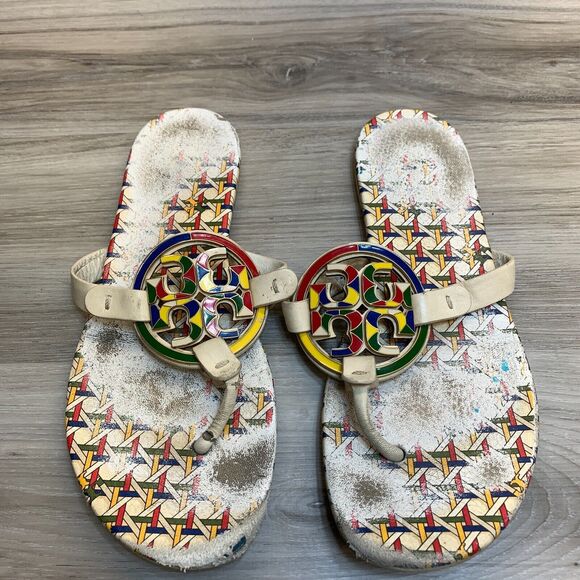 Tory Burch Miller Enamel Thong Sandals Women's Size 8 Multi Color Basketweave - Picture 7 of 10